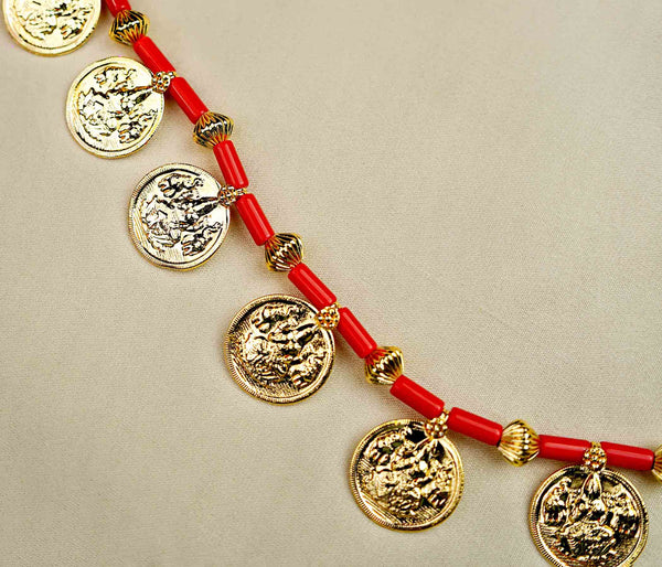 Gold-plated Maharashtrian coin pendant necklace with elegant ethnic design.