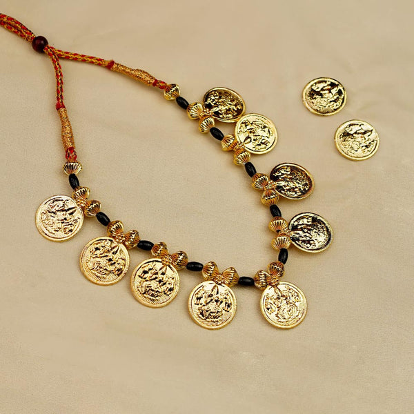 Handcrafted Kolhapuri mangalsutra with gold coin design and black beads.