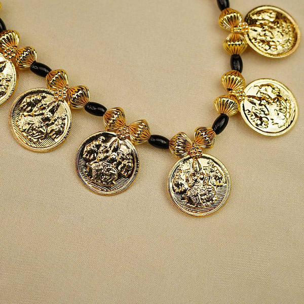 Handcrafted Kolhapuri mangalsutra with gold coin design and black beads.