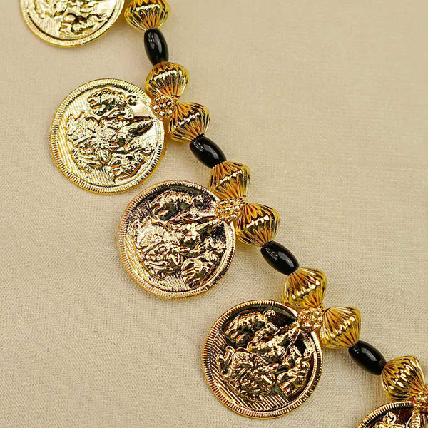 Handcrafted Kolhapuri mangalsutra with gold coin design and black beads.