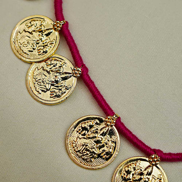 Traditional Kolhapuri necklace with goddess Lakshmi coins and intricate design.