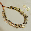 Necklace with Laxmi coins embedded in gold-toned metal for a divine look.