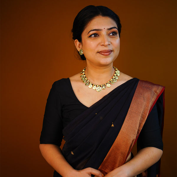 Golden Black Bead Lakshmi Coin Necklace