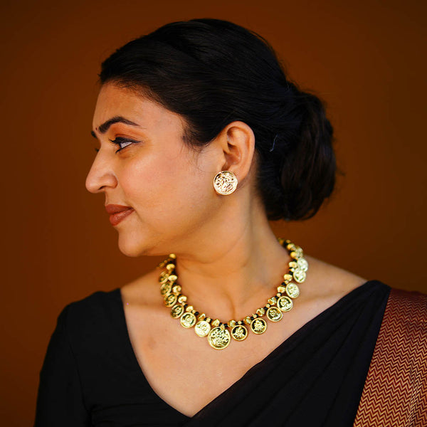 Golden Black Bead Lakshmi Coin Necklace