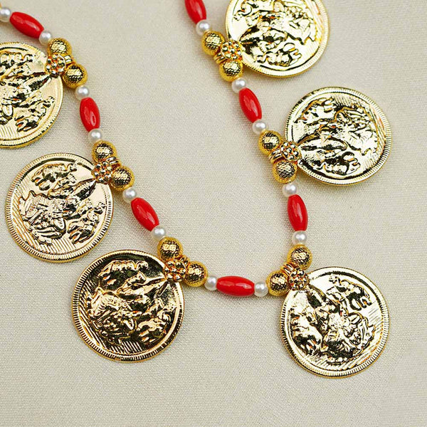 Long mala-style necklace embedded with Laxmi coins and gold finish.