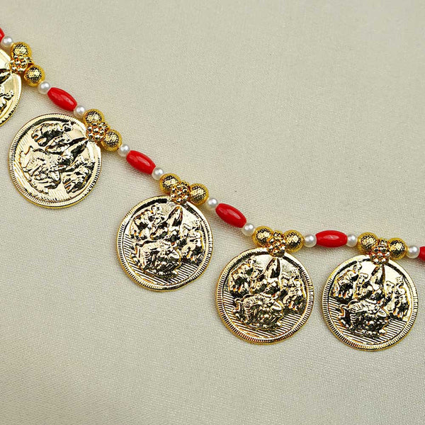 Long mala-style necklace embedded with Laxmi coins and gold finish.