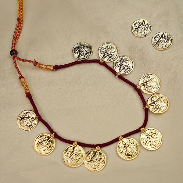 Handcrafted Kolhapuri necklace with Mahalaxmi coins and antique finish.