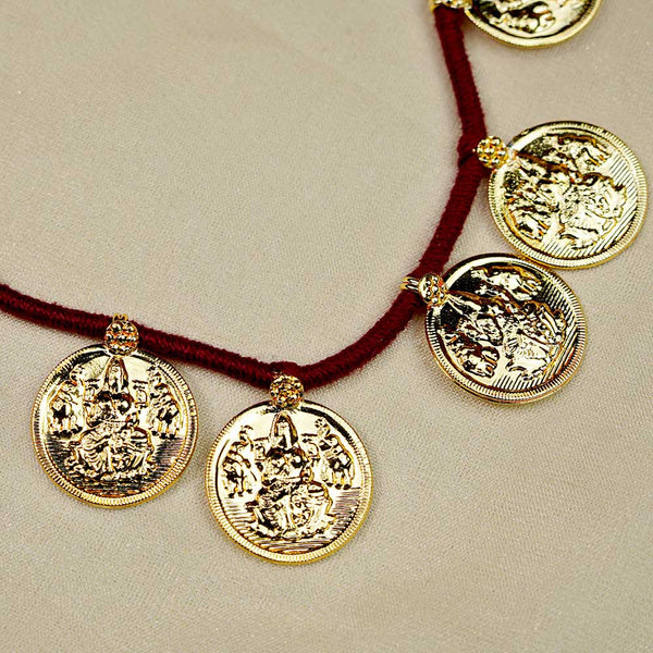 Handcrafted Kolhapuri necklace with Mahalaxmi coins and antique finish.