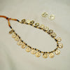 Long gold necklace with Mani beads and Mahalaxmi coin pendants.