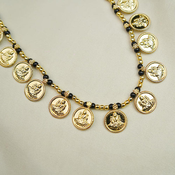 Long gold necklace with Mani beads and Mahalaxmi coin pendants.