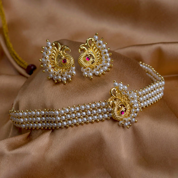 Majestic Gold Plated White Moti Choker Necklace