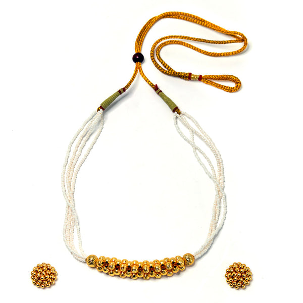 White Moti Mala Necklace With Golden Beads