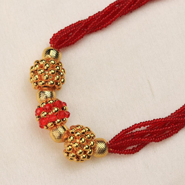 Red Multi-Strand Beaded Gold Necklace