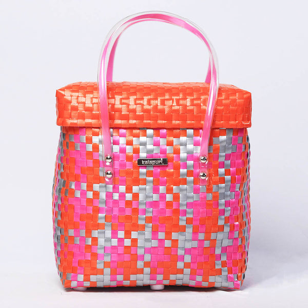 Kalapuri handmade polymer lid top basket durable handwoven storage solution.