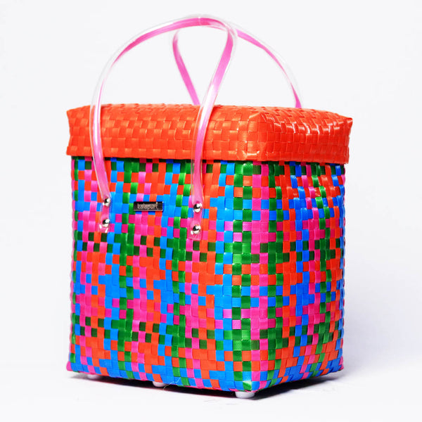 Kalapuri handmade multicolor basket with grey lid vibrant woven storage solution.