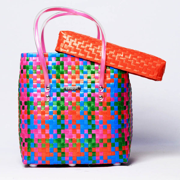 Kalapuri handmade multicolor basket with grey lid vibrant woven storage solution.