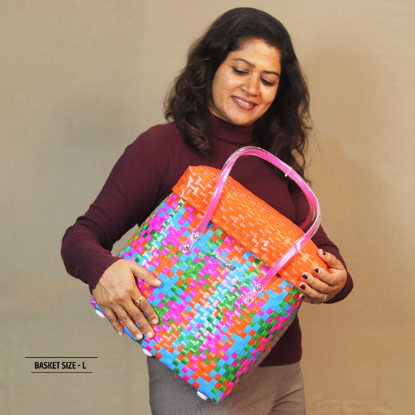 Kalapuri handmade multicolor basket with grey lid vibrant woven storage solution.