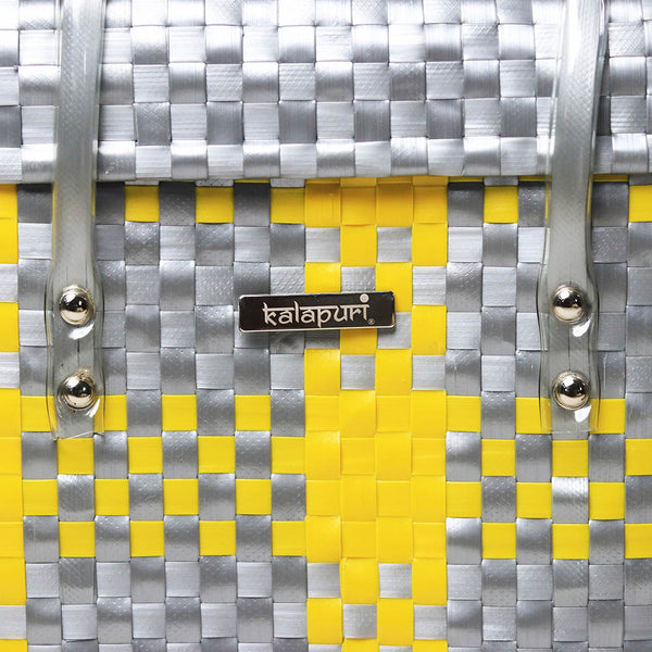 Kalapuri handmade yellow and grey lid top basket chic two-tone woven storage.