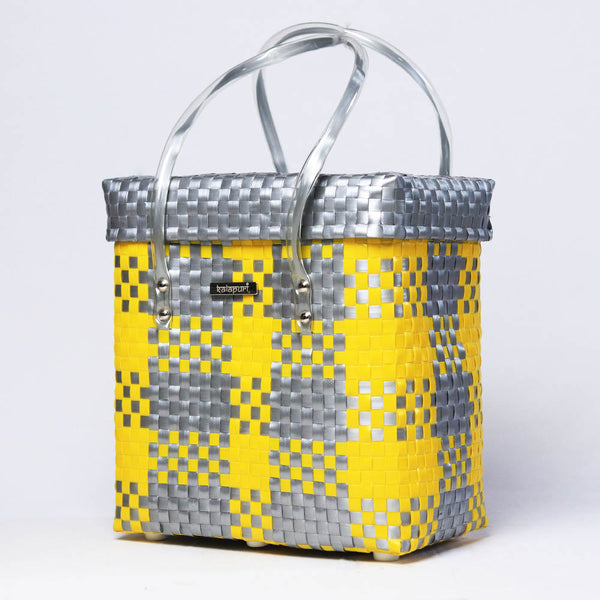 Kalapuri handmade yellow and grey lid top basket chic two-tone woven storage.