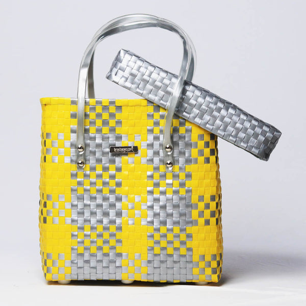 Kalapuri handmade yellow and grey lid top basket chic two-tone woven storage.