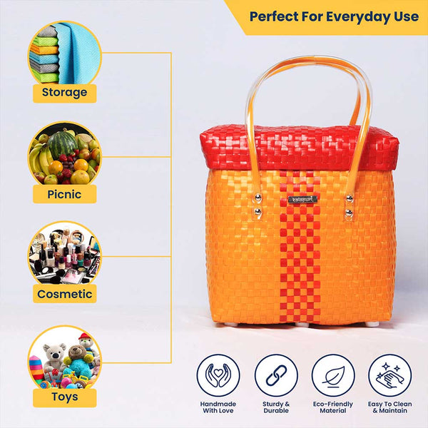 Yellow‑Red Lid‑Top Basket – Vibrant Handwoven Storage