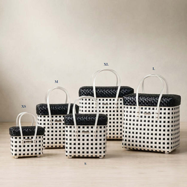 White‑Black Lid‑Top Basket – Contrasting Weave Storage Basket