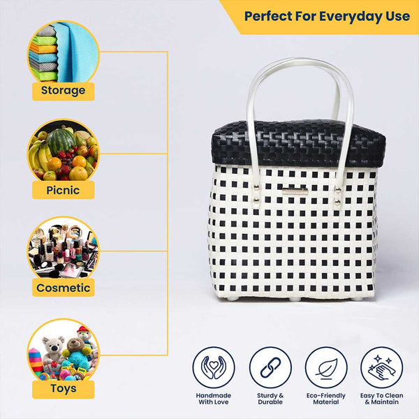 White‑Black Lid‑Top Basket – Contrasting Weave Storage Basket