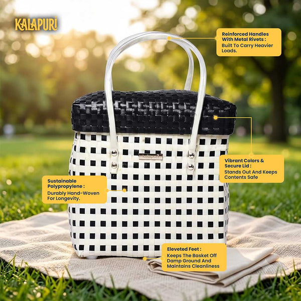 White‑Black Lid‑Top Basket – Contrasting Weave Storage Basket