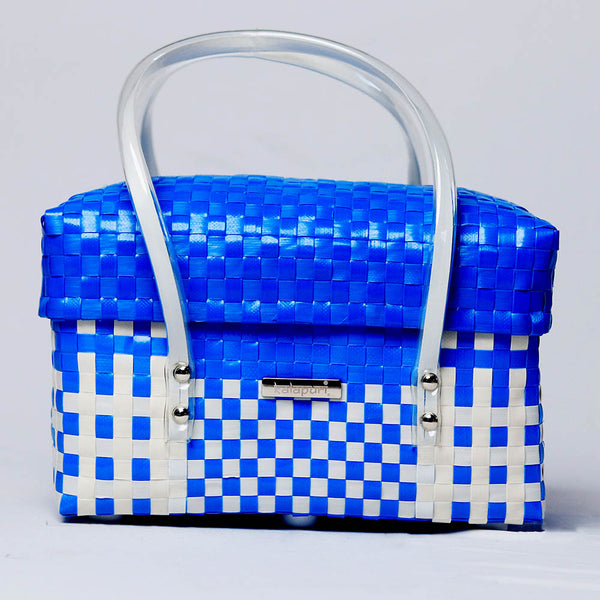 Blue and white handwoven half basket with lid for stylish home storage