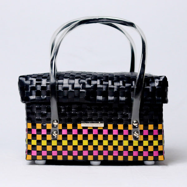 Colorful short handwoven basket with lid