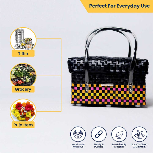 Colourful Lid‑Top Short Basket – Compact Handwoven Storage
