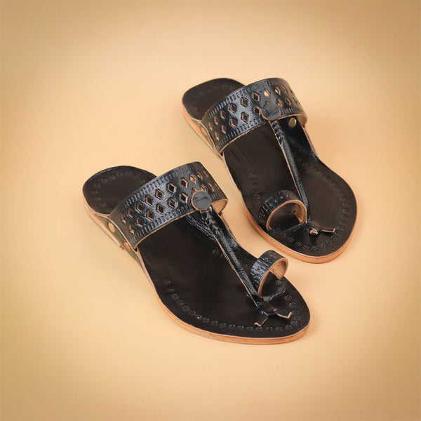 Kids black Kolhapuri chappal with handcrafted cutwork strap and toe loop