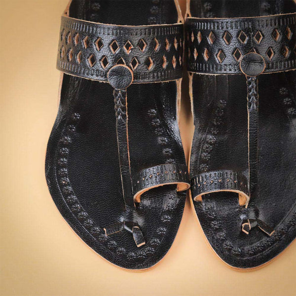 Kids black Kolhapuri chappal with handcrafted cutwork strap and toe loop