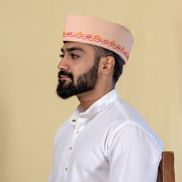 Beige Embroidered Signature Topi – Elegant Heritage Cap