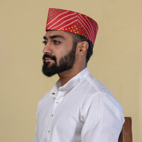 Printed Bandhani Red Topi – Traditional Tie-Dye Cap