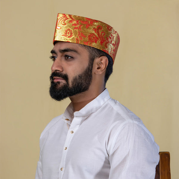 Red Zari Baniya Topi – Ornate Handcrafted Festive Cap