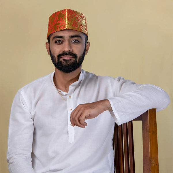 Red Zari Baniya Topi – Ornate Handcrafted Festive Cap