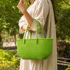 Kalapuri handmade parrot green Koodai tote bag, base and structure view