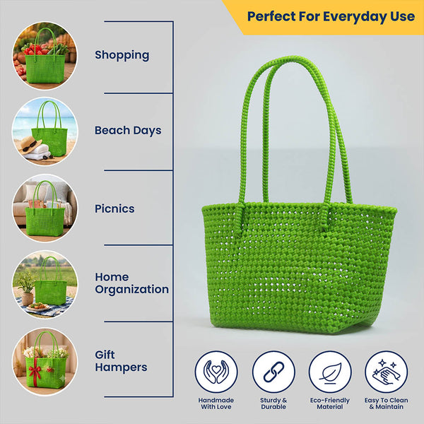 Kalapuri handmade parrot green Koodai tote bag, angled view showing woven texture