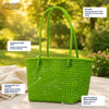 Top view of Kalapuri parrot green Koodai tote bag showing spacious woven interior