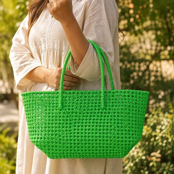 Kalapuri handmade bright green Koodai tote bag, base and structure view