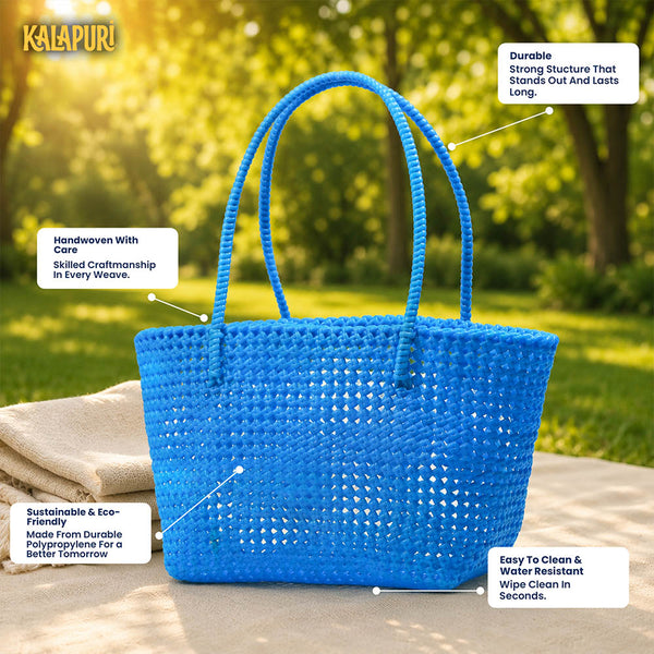 Top view of Kalapuri sky blue Koodai tote bag showing spacious woven interior