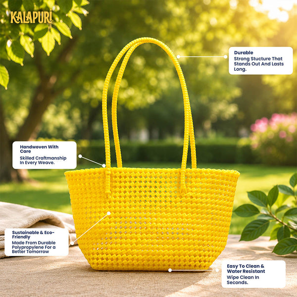 Top view of Kalapuri yellow Koodai tote bag showing spacious woven interior