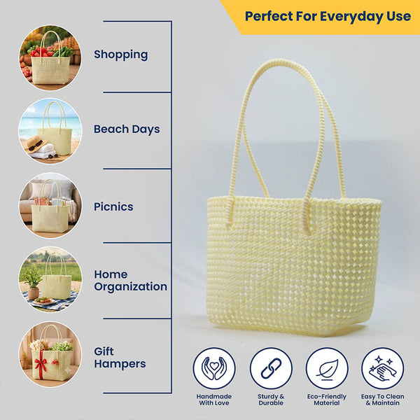 Kalapuri handmade cream Koodai tote bag, angled view showing woven texture