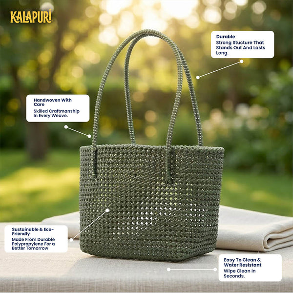 Top view of Kalapuri olive green Koodai tote bag showing spacious woven interior
