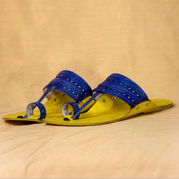 Lemon & Blue Bliss – Vibrant Handcrafted Kolhapuri Chappals