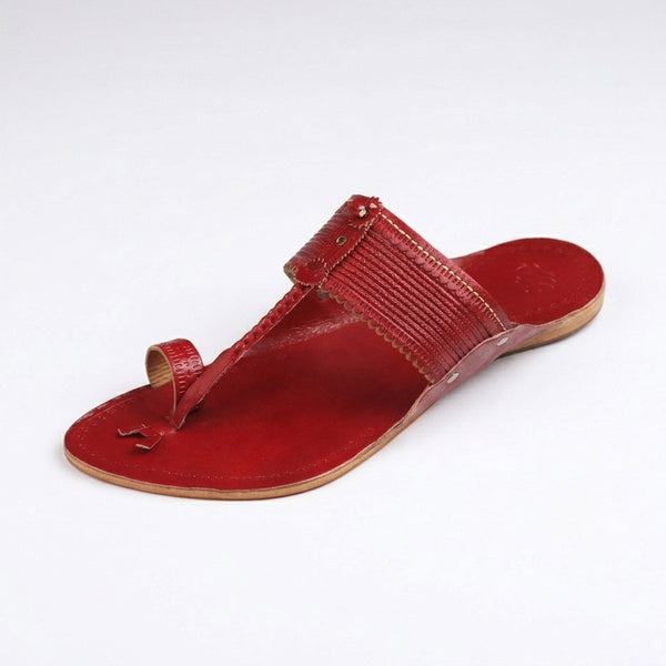 Veer Cherry Red Textured Kolhapuri Flats