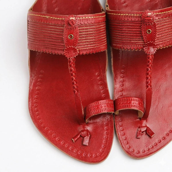 Veer Cherry Red Textured Kolhapuri Flats