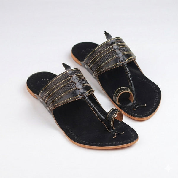 Kaala Shahi Black Handcrafted Kolhapuri Flats