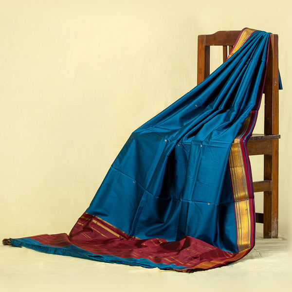 Unstitched Peacock Blue Nauvari Saree – Elegant Silk-Cotton Material